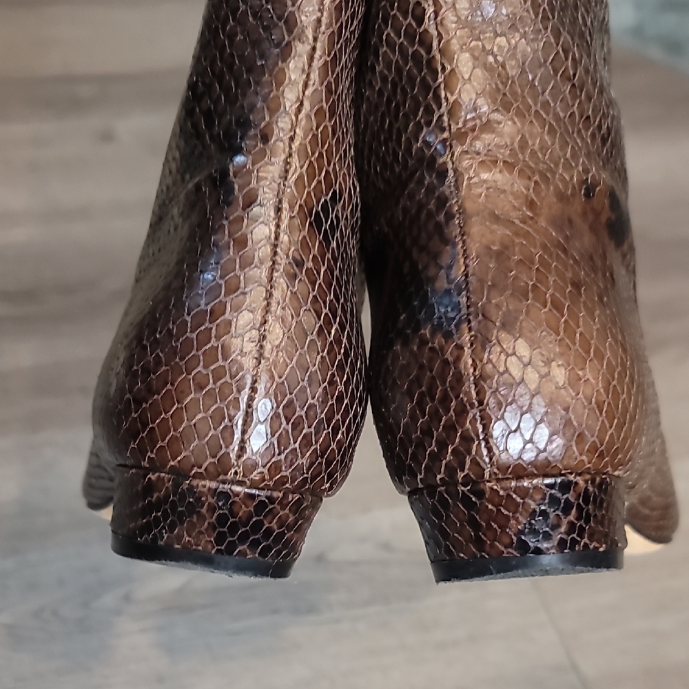 Brown Leather Snakeskin Embossed Knee-High Boots - Picture 7 of 16